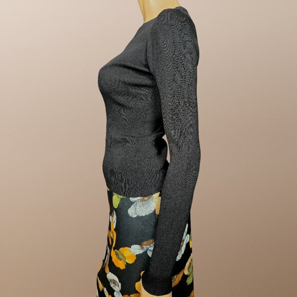 Vintage 90s Black Sweater Beaded Sleeves Size M Slim Ribbed Boat Neck Basic Top - Picture 2 of 6